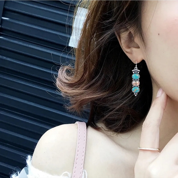 Retro  Silver Zircon Hook Dangle Drop Earrings - Picture 3 of 5